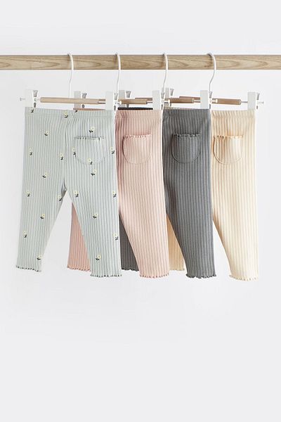 Next Baby Cotton Pink Gray Duveted Floral Patterned 4-Piece Pocket Leggings Set