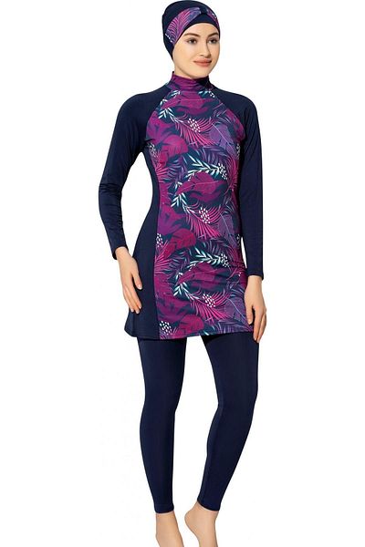 Argisa Long Sleeve Leaf Patterned Flexible Full Hijab Swimsuit 7560 Navy Blue Plus Size