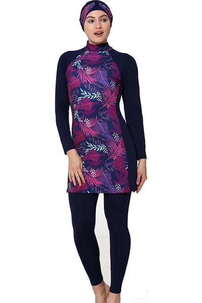 Argisa Long Sleeve Leaf Patterned Flexible Full Hijab Swimsuit 7560 Navy Blue Plus Size