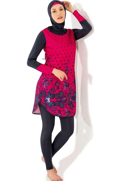 Argisa Long Micro Sleeve Floral Patterned Full Hijab Swimsuit 7125 Fuchsia