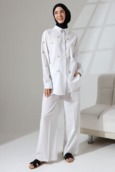 Mihran Butik 100% Cotton Linen - Casual and Comfortable Floral Pattern Embroidered Shirt and Pants Set