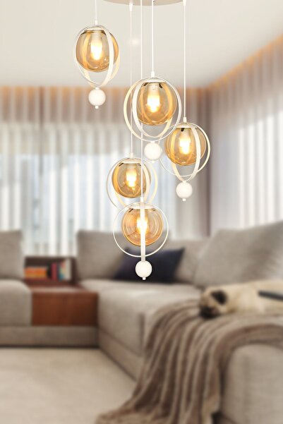 Begüsa Jüpiter 5.li Avize Beyaz Bal Cam