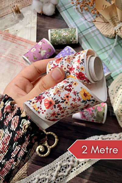 Hume Craft 2 Metre Vintage Kırmızı Çiçek Desenli Washi Bant / Washitape / Bul...