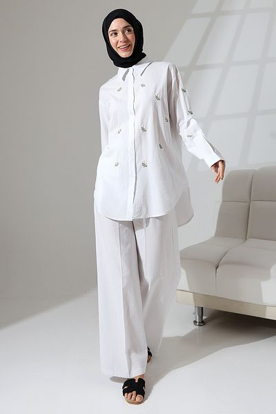 Mihran Butik 100% Cotton Linen - Casual and Comfortable Floral Pattern Embroidered Shirt and Pants Set