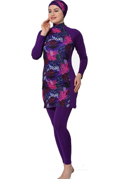 Argisa Long Sleeve Leaf Patterned Flexible Full Hijab Swimsuit 7560 Purple Plus Size