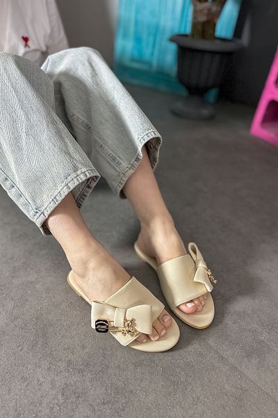 SHOEBELLAS Beige Valen Women's Slippers - Teddy Bear Bow Detail