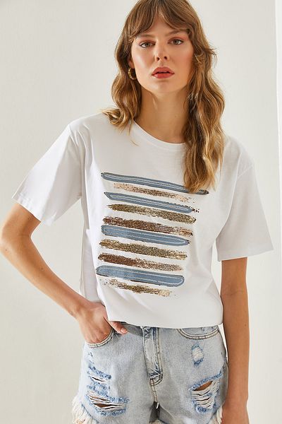 Bianco Lucci Vyšívané dámské tričko Crew Neck -60251199