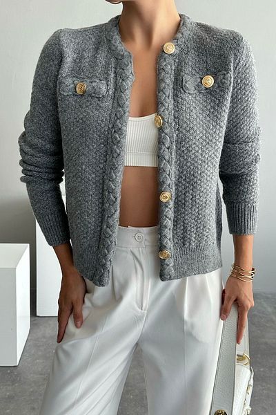 LOOSH Women's Gray Crew Neck Cardigan with Gold Button Detail