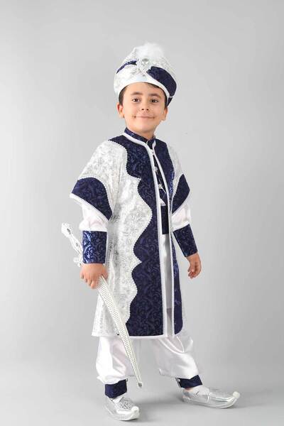 Osmanlı Sünnet Kıyafetleri DESENLİ BEYAZ LACİVERT KAFTAN SÜNNET TAKIMI