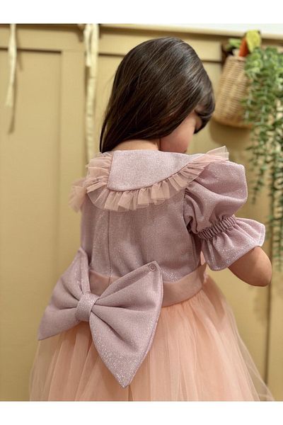 Pop Powder Color Glitter Tulle Baby Collar Balloon Sleeve Dress