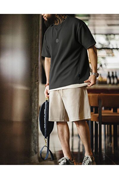 GENIUS STORE Erkek Oversize Bisiklet Yaka Kısa Kollu Waffle Tişört WAFFLE-BİSİKLETYAKA