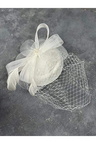 Limelia Kurdeleli Tüylü Şık Gelin Nikah Şapkası İnci Beyazı