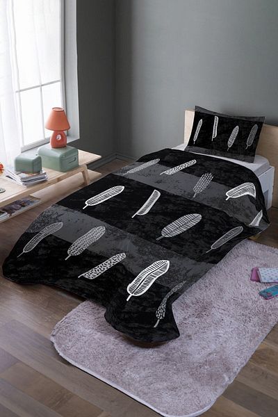 EVPANYA Set cuvertură de pat și piqué de o persoană cu model Black Leaves