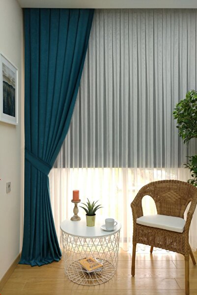 Evdepo Home Crown Dark Petrol Solid Color Soft Background Curtain, Pleatless Plain Planting, Extrafor Drawstring, Single Wing