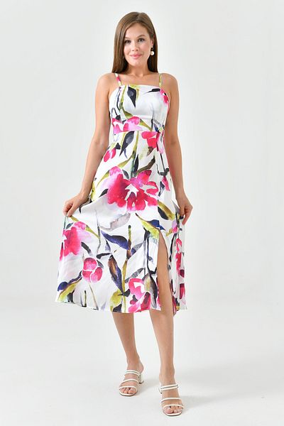 WOMAN VISION Floral εμπριμέ στράπλες σατέν φόρεμα - Slit Summer Model 2420