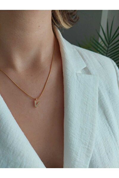 LUCKY ACCESSORIES Çelik zirkon Taşlı Harf Kolye V Harfi