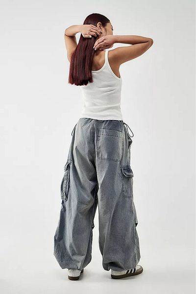 september island Grayish Blue Oversize Cargo Pants - Multi-Pocket Parachute Fabric