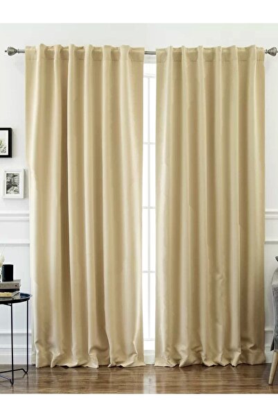 Evdepo Home Crown Ready to Use Blackout Pleatless Background Curtain Single Wing - Beige