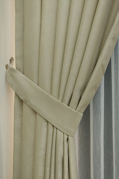 Evdepo Home Crown Beige Solid Color Soft Background Curtain, Pleatless Flat Planting, Extrafor Drawstring, Single Wing
