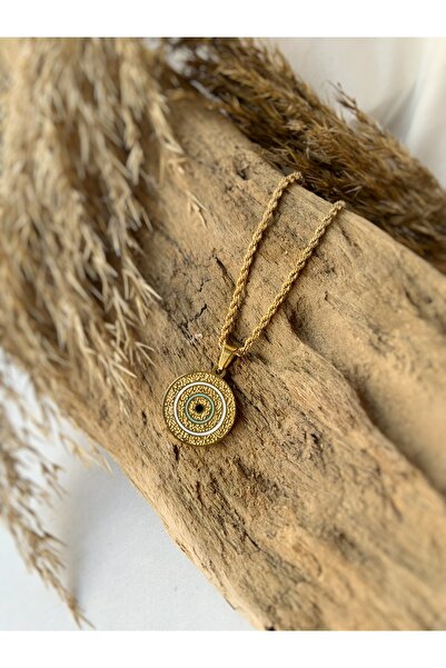 Atölye Merdiven Yuvarlak Mineli Madalyon 316 L Kararmaz Çelik Kolye