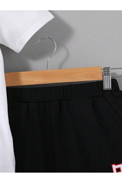 Hunors Sportswear & Company Brooklyn New York Beyaz T-Shirt Siyah Şort - Şortlu Tişört Alt Üst Takım Baskılı Bisiklet Yaka