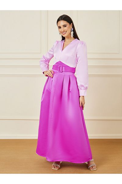 Styli Colorblock Belted A-Line Maxi Dress