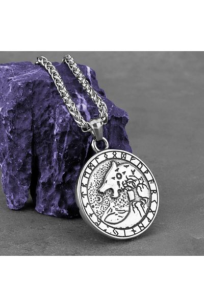 Viking Fenrir Double Sided - Back, Freki and Yggdrasill Embroidered Nordic 316L Necklace