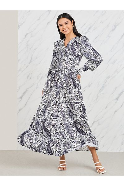 Styli Bohemian Cuffed Sleeve A-Line Maxi Dress