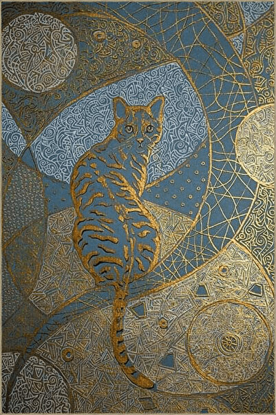 Rugs Modern Halı Sarı Mavi Ton Kedi Figürü ve Geometrik Desenli Kreatif Moder...