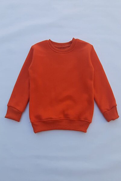 THEWERT Unisex Çocuk Turuncu Basic Içi Polarlı Örme Kalın Sweatshirt