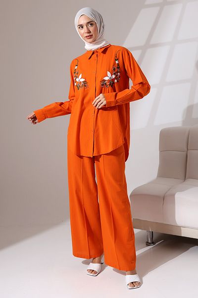 Mihran Butik 100% Cotton Linen - Comfortable Casual Set, Flower Patterned Embroidery and Stone Detailed Shirt and Trousers