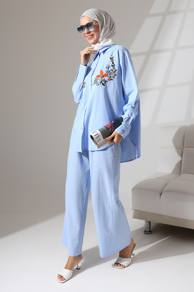 Mihran Butik 100% Cotton Linen - Comfortable Casual Set, Flower Patterned Embroidery and Stone Detailed Shirt and Trousers