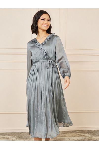 Styli Lurex Striped Ruffle Neck A-line Midi Dress