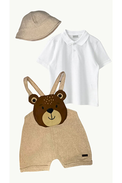 Gebelog Sevimli Ayı Figürlü Badi ve Şapkalı Keten Salopet