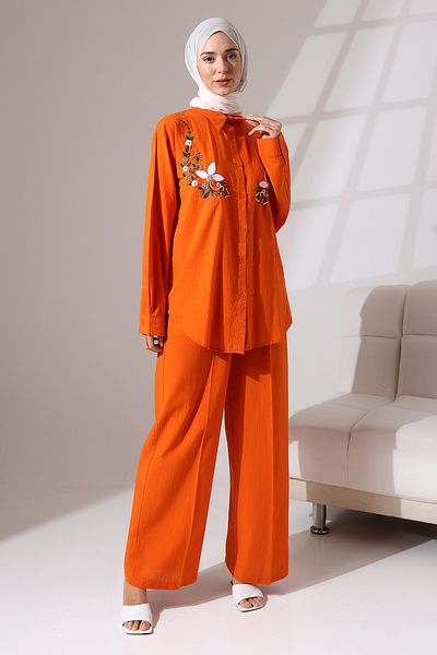 Mihran Butik 100% Cotton Linen - Comfortable Casual Set, Flower Patterned Embroidery and Stone Detailed Shirt and Trousers