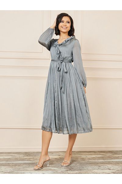 Styli Lurex Striped Ruffle Neck A-line Midi Dress