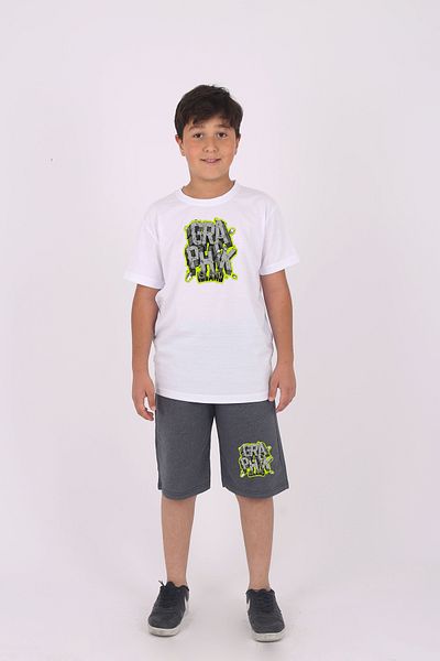 cm buseyiz Buseyiz Graphic Patterned Boys' Summer Set - Cotton, Pocket, Capri, 4-14 Years