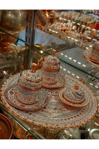 Bakır Center Copper Cup Set for 2 People - Ottoman Patterned Turkish Coffee