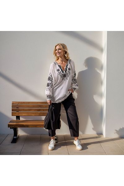 Cassime Γυναικεία βαμβακερή μπλούζα με λαιμόκοψη με λουλούδια