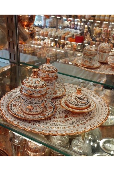 Bakır Center Copper Cup Set for 2 People - Ottoman Patterned Turkish Coffee