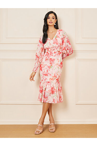 Styli طباعة الأزهار Smocked التفاصيل Bodycon فستان ميدي