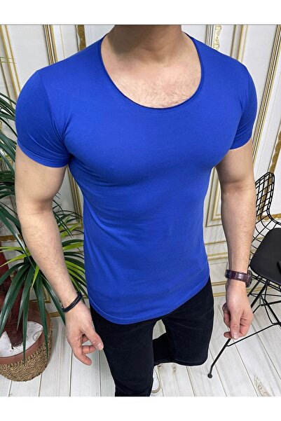 BYBÜLENT Erkek Oval Yaka Açık Yaka Tişört T-shirt Saks Mavisi