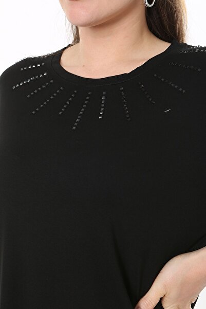 Şans Women's Large Size Black Stone and Back Robe Lace Detailed Long Sleeve Blouse 65N37694