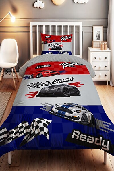 EVPANYA Kırmızı lacivert Yarış Arabaları Desenli Tek Kişilik Bebek Çocuk Nevr...