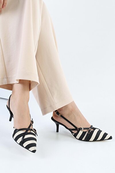 Shoeberry Černé plátěné pruhované lněné jehlové podpatky – dámské boty na podpatku