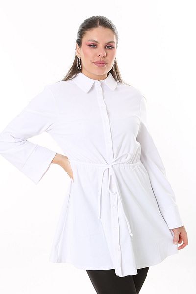 Şans Women's Plus Size White Front Buttoned Waist Tunnel Lace-up Lycra Tunic Dress 65N37700