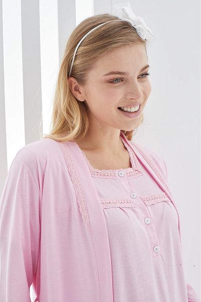 ERDENİZ TEKSTİL 3-Piece Cotton Maternity Pajamas Set with Dressing Gown Detail