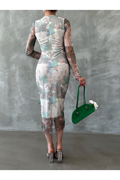 alenmoda Új évszak zöld mintás, legény nyakú Midi hosszúságú prémium tüll ruha