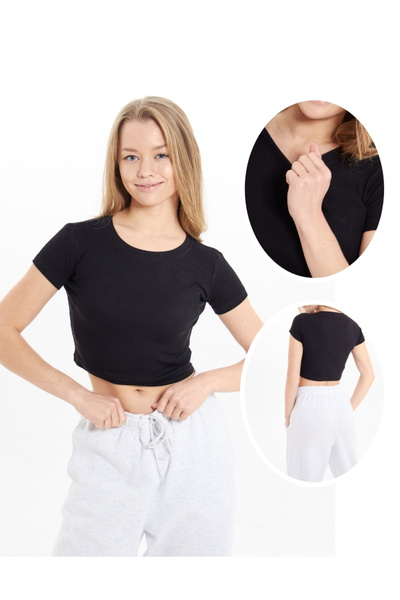 ALYA UNDERWEAR Κοντό μανίκι Crew Neck Crop Μαύρο