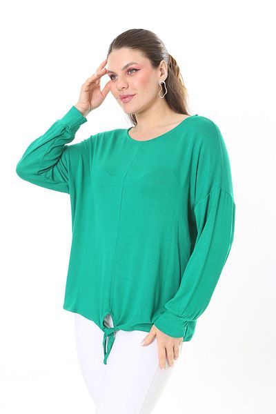 Şans Women's Plus Size Green Front Tie Long Sleeve Blouse 65N37695